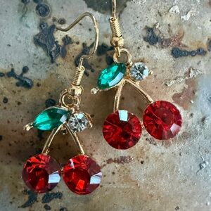 Elegant Gold Cherry Earrings with Red and Green Crystals